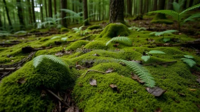 A forest floor covered in moss and ferns