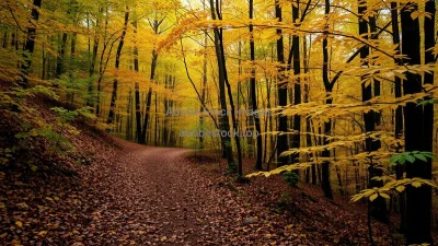 A forest trail covered in autumn leaves
