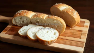 A fresh baguette sliced on a wooden cutting board