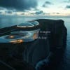 A futuristic carbon capture facility built into a cliff by the ocean sleek design