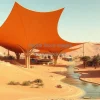 A futuristic desert city using shade sails solar canopies and water recycling advanced design