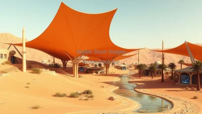 A futuristic desert city using shade sails solar canopies and water recycling advanced design