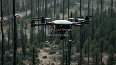 A futuristic drone reforesting a burned forest