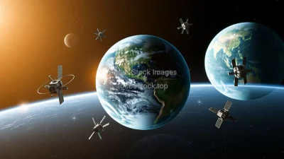 A futuristic Earth surrounded by eco-technology satellites