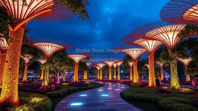 A futuristic eco-park with glowing trees