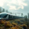 A futuristic eco-train traveling through wilderness