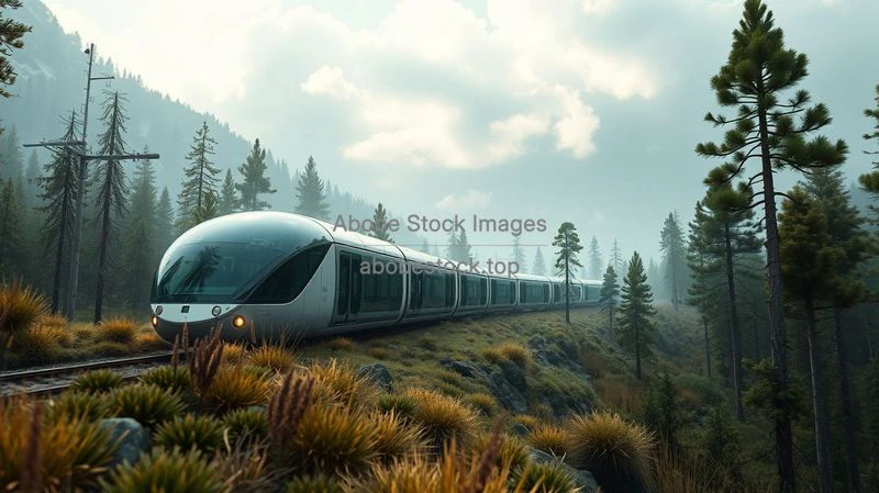 A futuristic eco-train traveling through wilderness