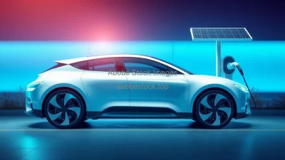 A futuristic electric car charging at a solar-powered station