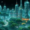 A futuristic forest city where buildings blend with trees