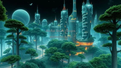 A futuristic forest city where buildings blend with trees