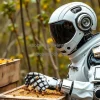 A futuristic robotic beekeeper protecting hives