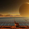 A futuristic solar farm in outer space