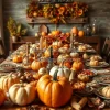 A giant harvest table with autumn foods and pumpkins