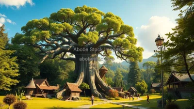 A giant tree at the center of a utopian eco village