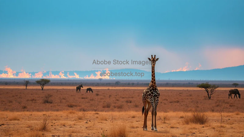A giraffe in a parched savanna with distant wildfires on the horizon cinematic wildlife