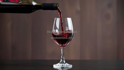 A glass of red wine being poured into a crystal glass