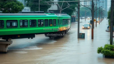 A green commuter train passing above flooded streets eco adaptation urban scene