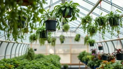 A greenhouse filled with hanging plants