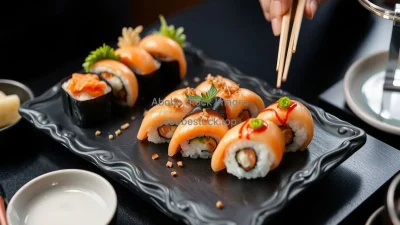 A high-end sushi platter with artistic presentation