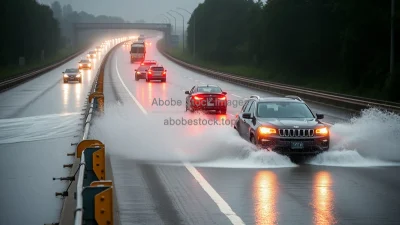 A highway with one lane underwater as cars drive through splashing climate emergency