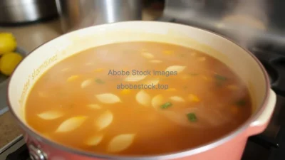 A large pot of homemade soup simmering on the stove