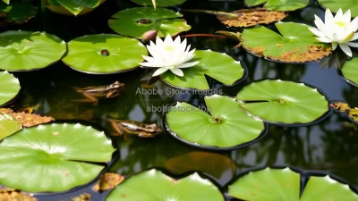 A lily pond with frogs and floating leaves