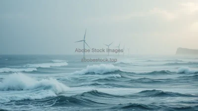 A line of wind turbines along a stormy coastline waves crashing cinematic drama