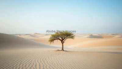 A lone tree surviving in a desertified landscape with sand dunes encroaching environmental portrait