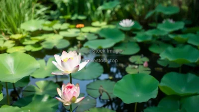 A lotus pond surrounded by lush greenery