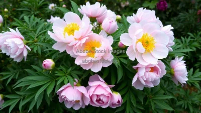 A lush peony bush with large blossoms