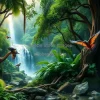 A lush rainforest with exotic animals and waterfalls