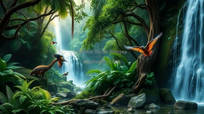 A lush rainforest with exotic animals and waterfalls