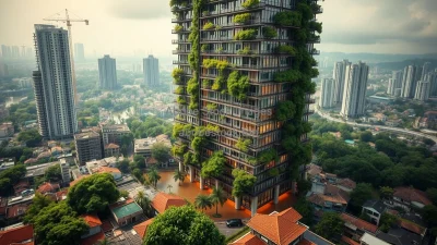 A luxury high rise with private greenery overshadowing flooded slums below social contrast