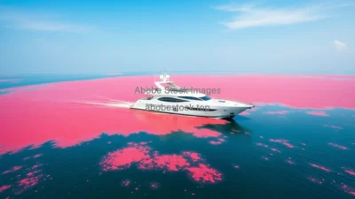 A luxury yacht in a red algae bloom sea unsettling juxtaposition