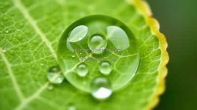 A magnified shot of a leaf with water droplets