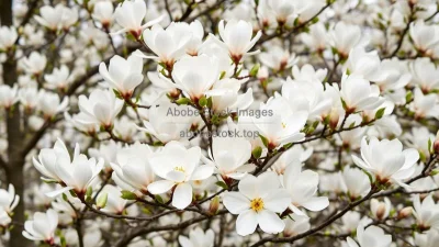 A magnolia tree in full white blossoms