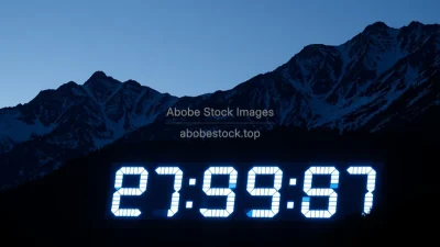 A massive digital countdown clock to emission targets projected on mountain side