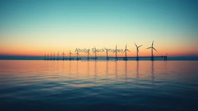 A massive offshore wind farm at dusk reflections in calm sea cinematic
