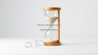 A minimalist studio shot of an hourglass filled with sand and melting ice cubes