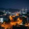 A night scene of an eco-city powered by renewable energy