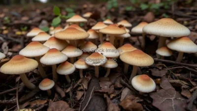 A patch of wild mushrooms on a forest floor