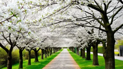 A path lined with flowering cherry trees
