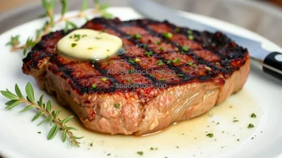 A perfectly grilled steak with herbs and butter
