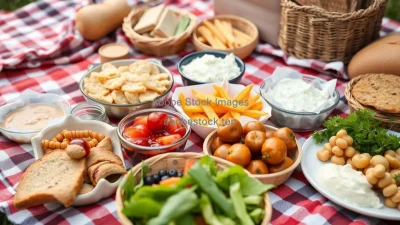 A picnic scene with a variety of homemade foods