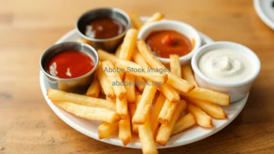 A plate of French fries with different dipping sauces