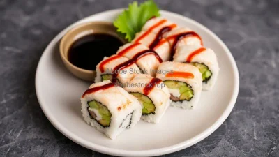 A plate of sushi rolls with soy sauce