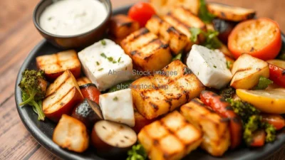 A platter of grilled vegetables and halloumi cheese