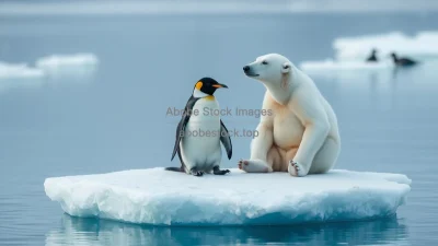 A polar bear and penguin sitting together on a small iceberg impossible surreal commentary
