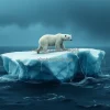 A polar bear stranded on a tiny melting iceberg surrounded by dark stormy seas hyperrealistic photography