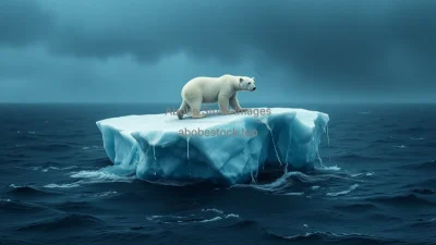 A polar bear stranded on a tiny melting iceberg surrounded by dark stormy seas hyperrealistic photography